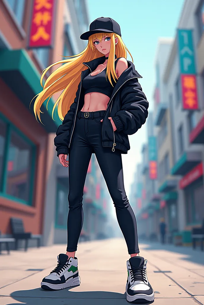 You have in anime style an adult woman with long blonde hair,  black vest,  long black pants, and large Jordan sneakers in white with black and gray Joky hat