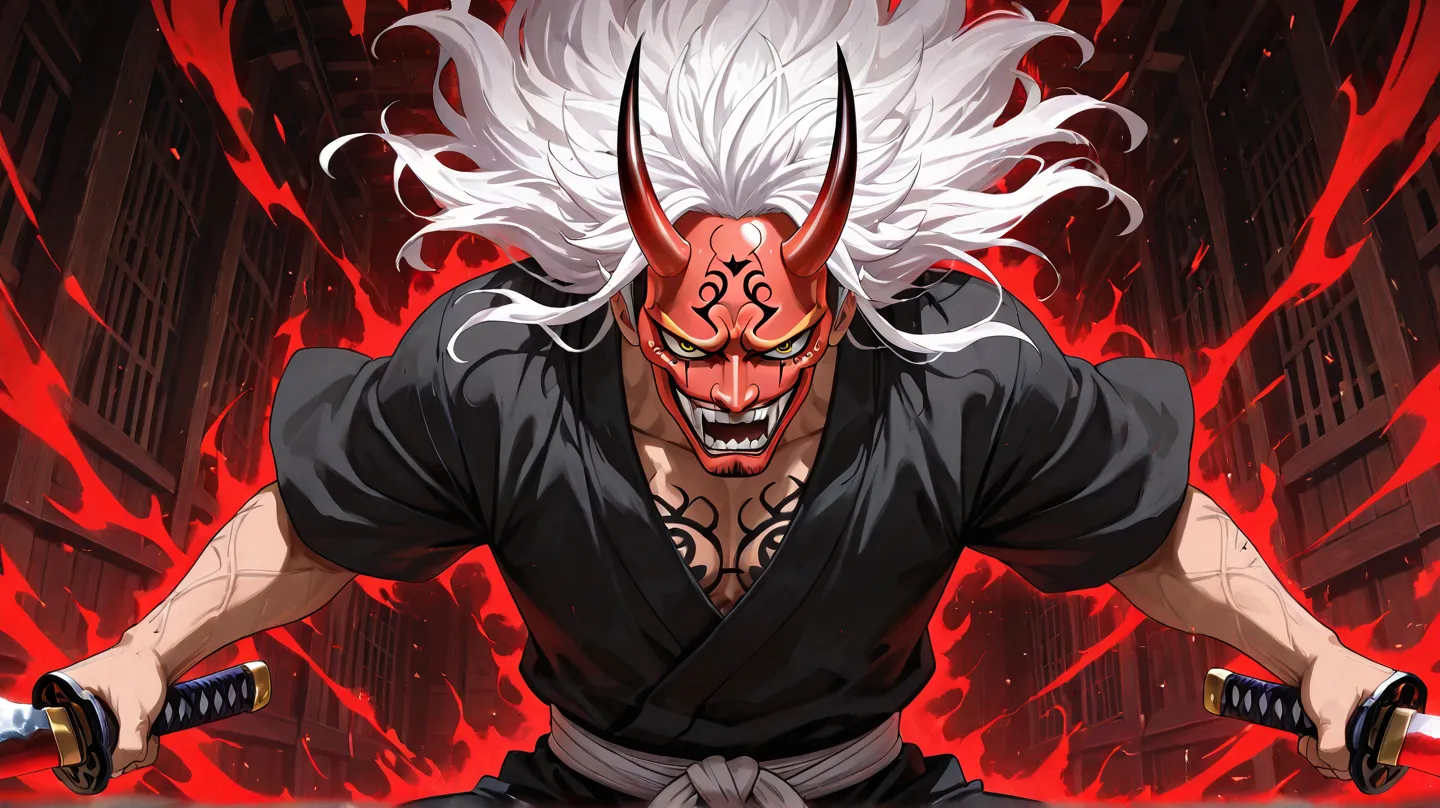 A young man with medium-length white hair, slightly messy and jagged ends, wearing a Japanese Oni mask on his face, radiating intense energy, holding a katana that exudes dark aura, black Japanese attire with elegant red accents, dark Japanese dojo backgro...