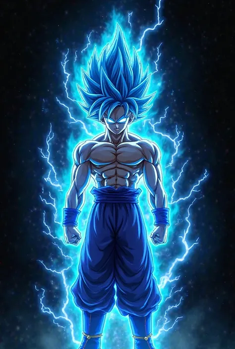 Goku in his Super Saiyan Blue form, standing shirtless with a muscular body. Lightning bolts crackle around him, glowing brightly. His eyes are pure white, glowing with power. The background is completely black, making Goku and the lightning stand out vivi...