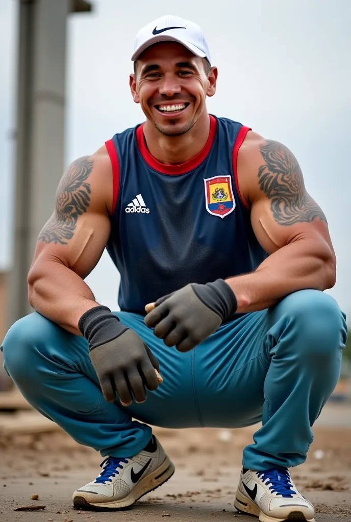 A muscular Latino man with a bit of a belly, burly. He is wearing light blue Adidas training pants from the Colombian national team and a River Plate football shirt. He is wearing Nike sneakers, dirty with white and blue mud. He has black wool mittens in h...