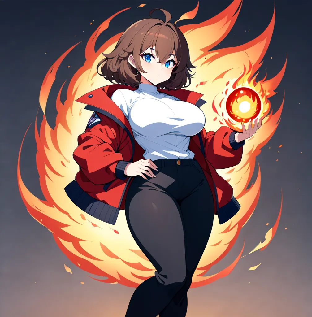 a girl in a jacket holding a fire ball, short hair, bangs, blue eyes, brown hair, shirt, long sleeves, hair between eyes, closed mouth, white shirt, ahoge, open clothes, pants, open jacket, black pants, red jacket, pyrokinesis,  curvy body, big chest, body...