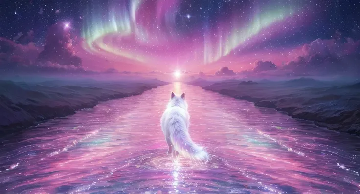 foxes walk gracefully along the river of stars。rivers spread like light、Continuing far and far away。coat shines in rainbow colors、tail swings like silk、scatters particles of stars。ripples of light spread every time you walk、auroras twinkle in the sky。The c...