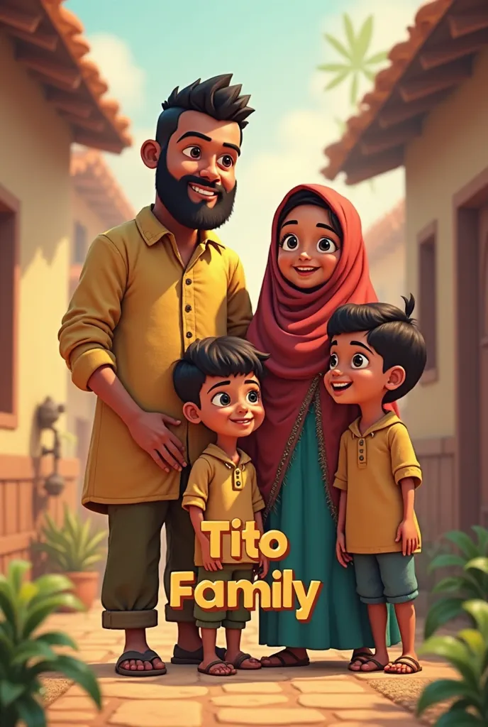 Create an animated image of Group wa
! 1. *father* : Image of a male figure in a coco outfit, symbolic for father.
2. *Mother with Hijab* : Add female figure wearing hijab, symbolizes mother.
3. * ren * : 
   - First boy: x} Use a taller boy figure.
   - S...