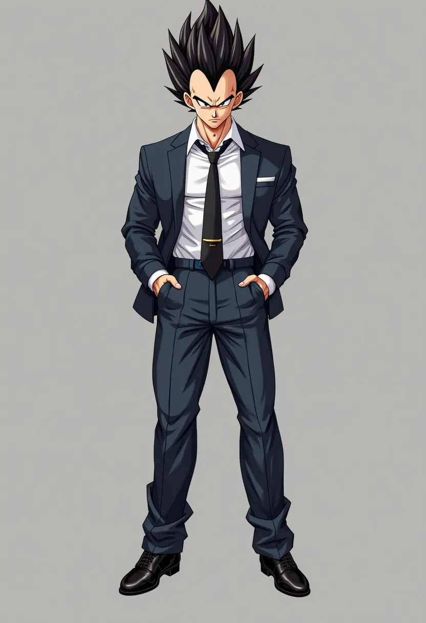 Vegeta 2d with dress clothes, strong,  with black shoes , charming, stylish and on a gray background