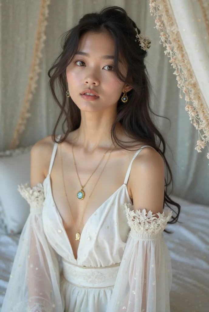 A 22 years old beautiful thai woman (beautiful thai face) long dark hair black eyes white skin thin body wearing a white beautiful thsi ancient costume and sitting on a white beautiful ancient canopy bed in an ancient bed room un Thailand.