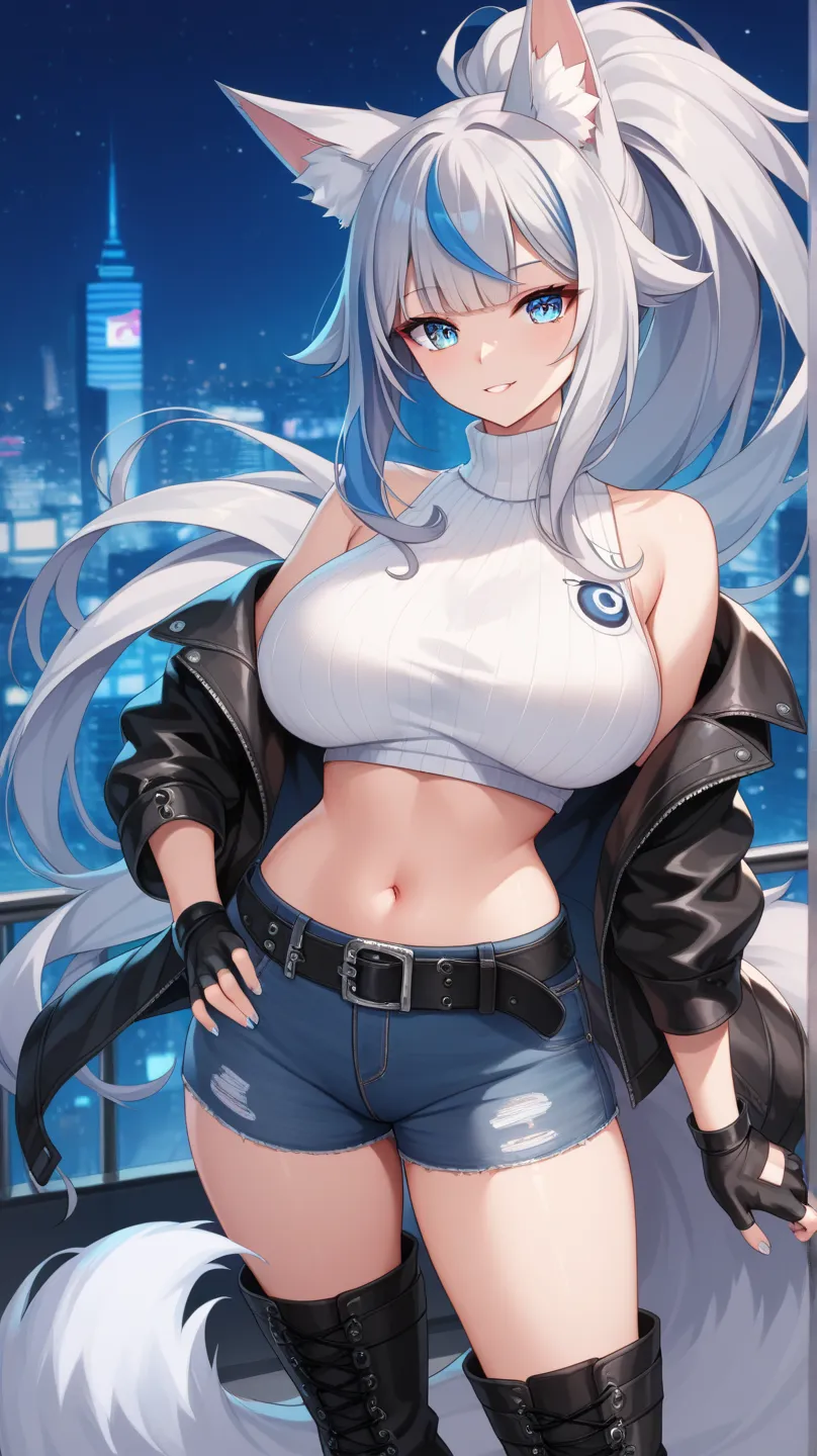 masterpiece,Top Quality,insanely detailed,1 girl,

ponytail,big hair flaps, Silver Hair,
blue cool eyes,
Big Breasts,
Sky Blue (streaked hair), highlights hair,  Silver Fox Ears , One tail of a silver fox, Sky Blue (streaked tail), highlights tail,

(Late ...