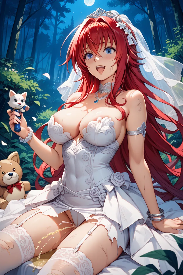 Rias Gremory ( high school dxd), athletic body,  beautiful breasts, married, dressed in an elegant white wedding dress, collar,toys, Bracelets , braceletes, alliance,ripped dress,dirty body,showing her private parts,excited,urinating,position,agachada,Lost...