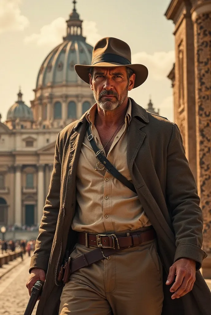 harrison ford in costum indiana jones behind hime the vatican city in all the splendor