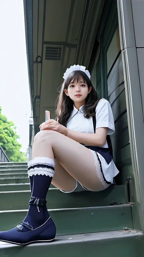 1 girl、Maid、sitting、frill socks、from below、 Ashikiri、is embarrassing、bike shorts、Puffy Lips、toeless legwear、cross lace legwear that has handcuffes、masterpiece、Top Quality、uncorrected