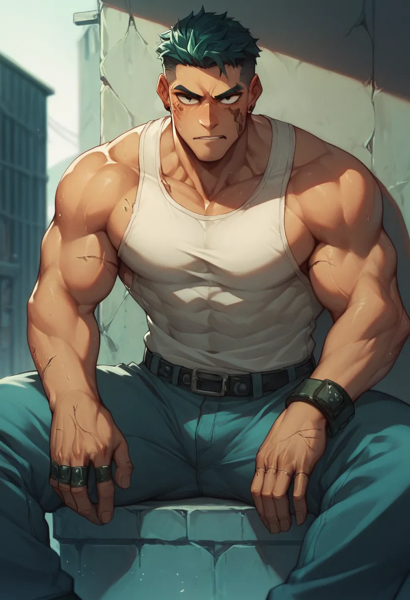 big, strong, A macho cyborg　big strong pectoral muscle cyborg　strong体を持つサイボーグ　is sitting in a favela in the back alley　