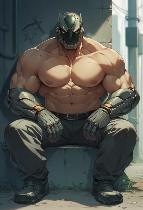 big, strong, A macho cyborg　big strong pectoral muscle cyborg　strong体を持つサイボーグ　is sitting in a favela in the back alley　