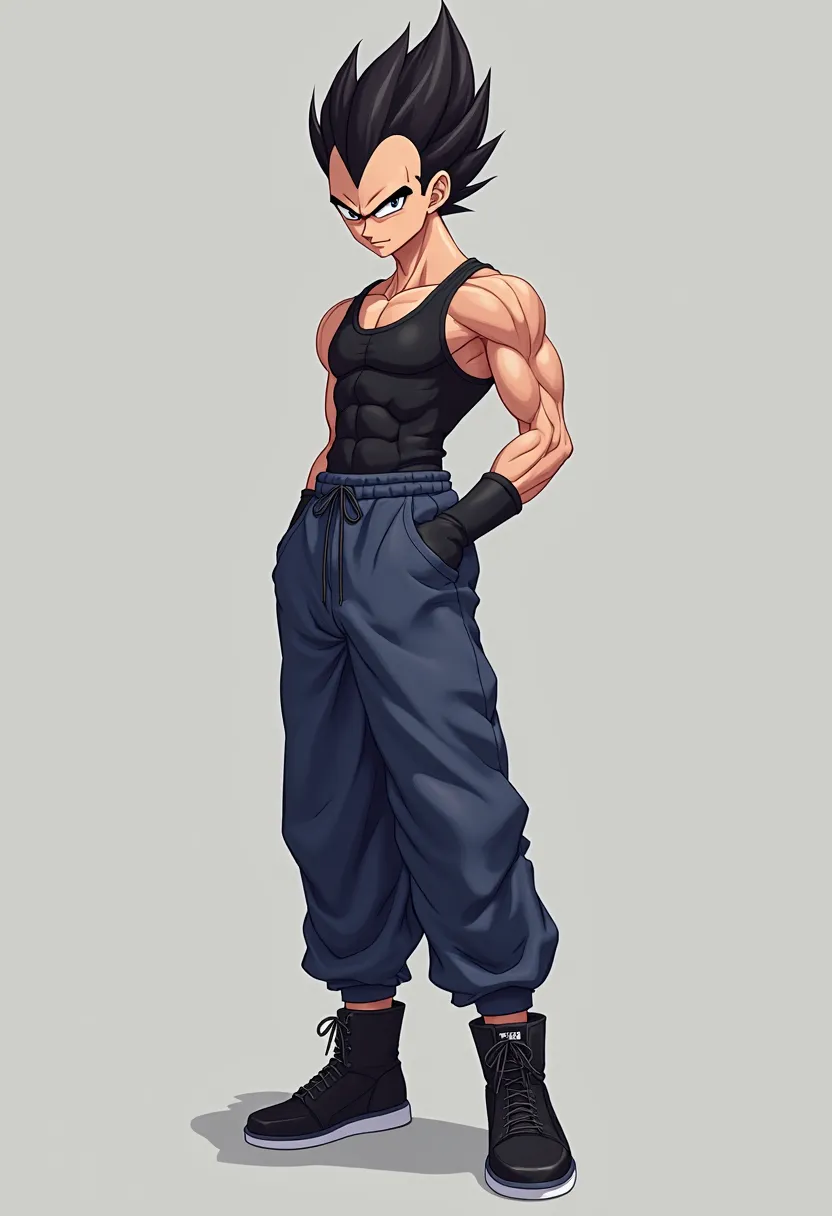 Vegeta 2d wearing dark blue sweatpants, black shoe,  tank top, profile, charming, stylish and on a gray background