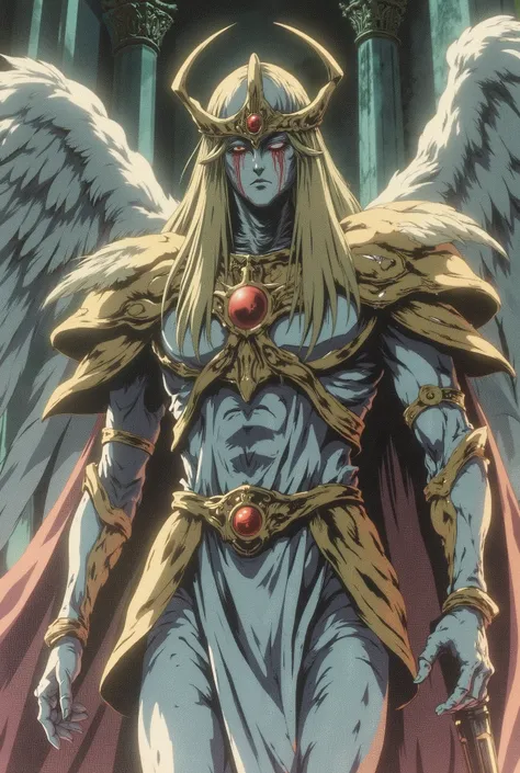 an angel, wearing a white and gold armor, big blond hair, helmet with white marble mask with the face crying blood, on the head of the helmet, of a church white eyes