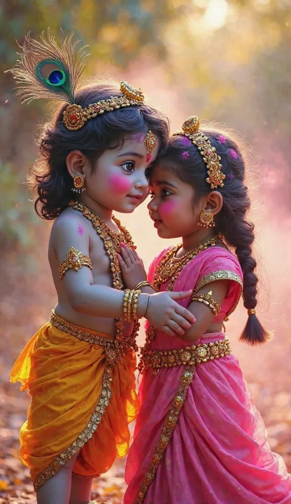 An ultra realistic image of  cute little lord krishna and radha, wearing yellow and pink dress ,with heavy jewellery and krishna wearing peocock feather on head, playing holi ,abir, colour smoke,abir gulal on face ,cute face,big eye, garden 