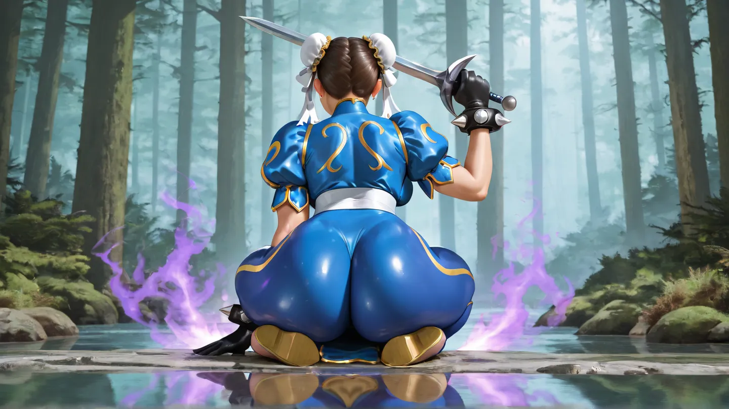 Create the Chun-Li Big Ass Character, Realistic Sitting, Reflection in the water background, Realistic Forest Sword in the Hand Purple aura on the body, black gloves on the hand, Alone, 1 , HD model, Super detail, 