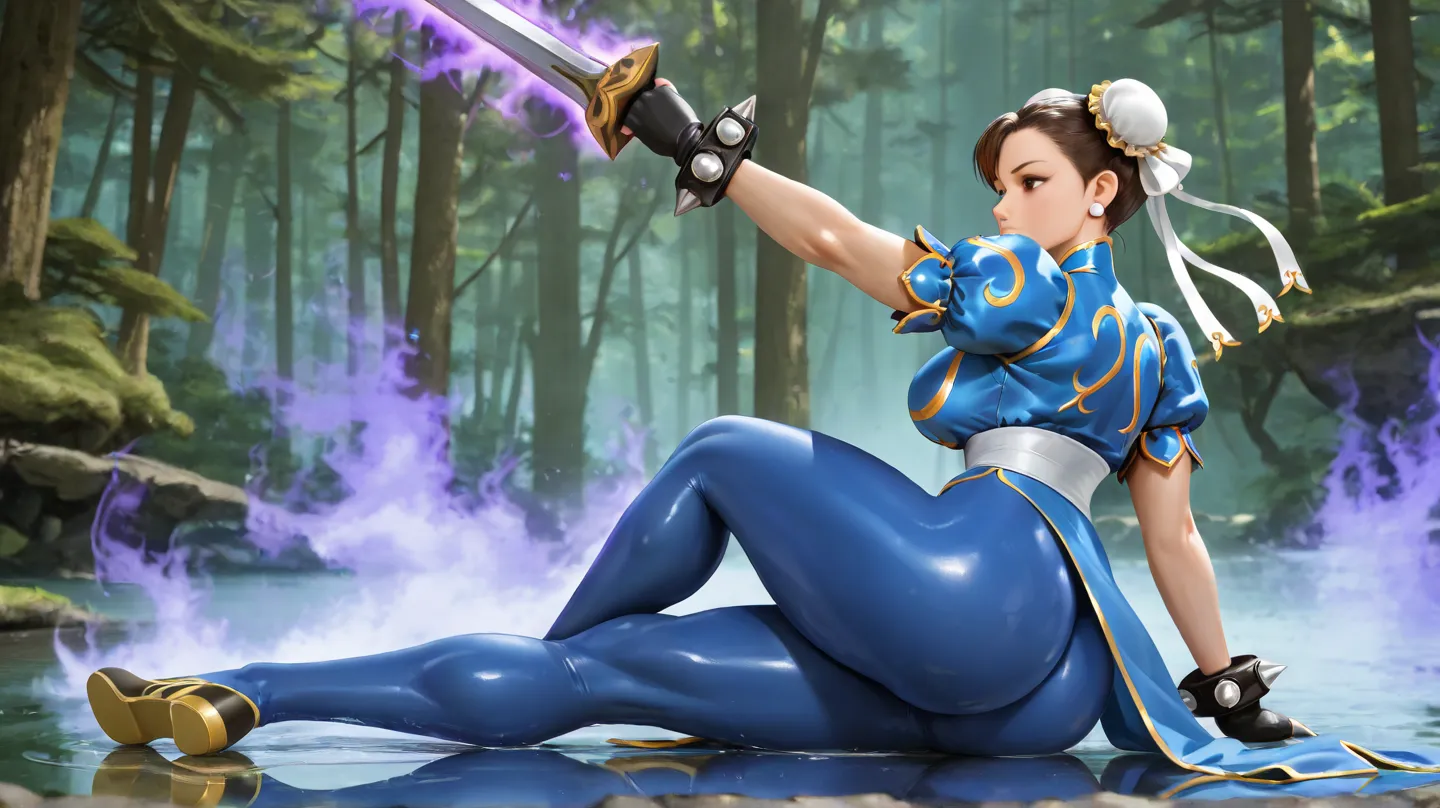 Create the Chun-Li Big Ass Character, Realistic Sitting, Reflection in the water background, Realistic Forest Sword in the Hand Purple aura on the body, black gloves on the hand, Alone, 1 , HD model, Super detail, 