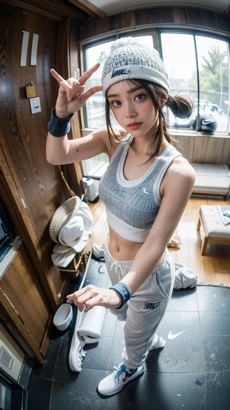 best quality,  masterpiece super high resolution 8k  ,((Portrait of a person dancing hip-hop:1.4)), (realistic:1.6), ((blue eyes)),(( Shining Smile )), RAW photo,((realisticな美肌)),(( black knitted hat,white tank top and loose sweatpants,Nike sneakers:1.4)),...