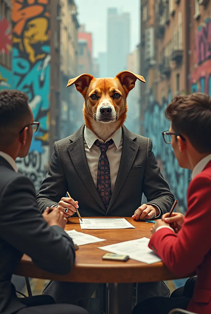 A dog with a jacket and ties holding a meeting with urban artists from the Dominican Republic such as Vakero, Omega the strong, Secret of the famous Biveron