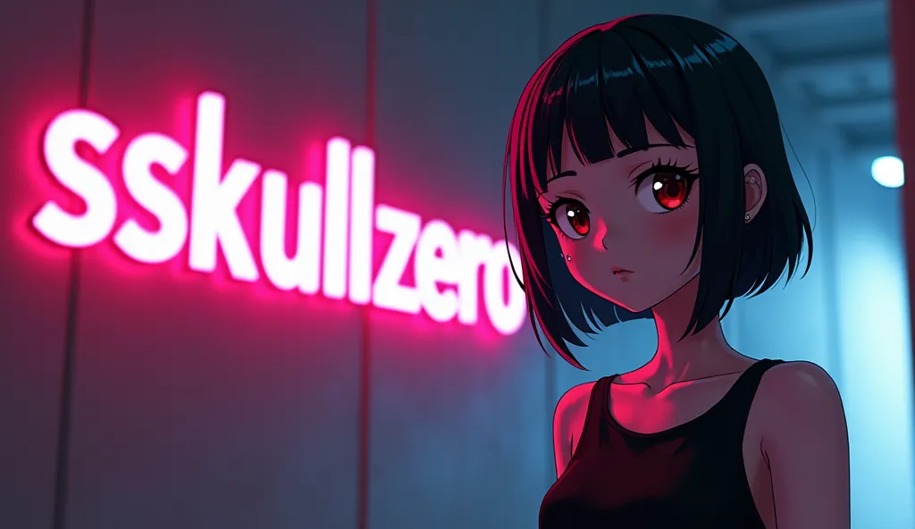 simple background with "SSSkullzero" written on it The letter, that is,the red cyberpunk neon logo "small skull as logo", A Cyberpunk style girl hair cut bob with a black sleeveless portrait t-shirt.  anime style on the right side the girl would look 