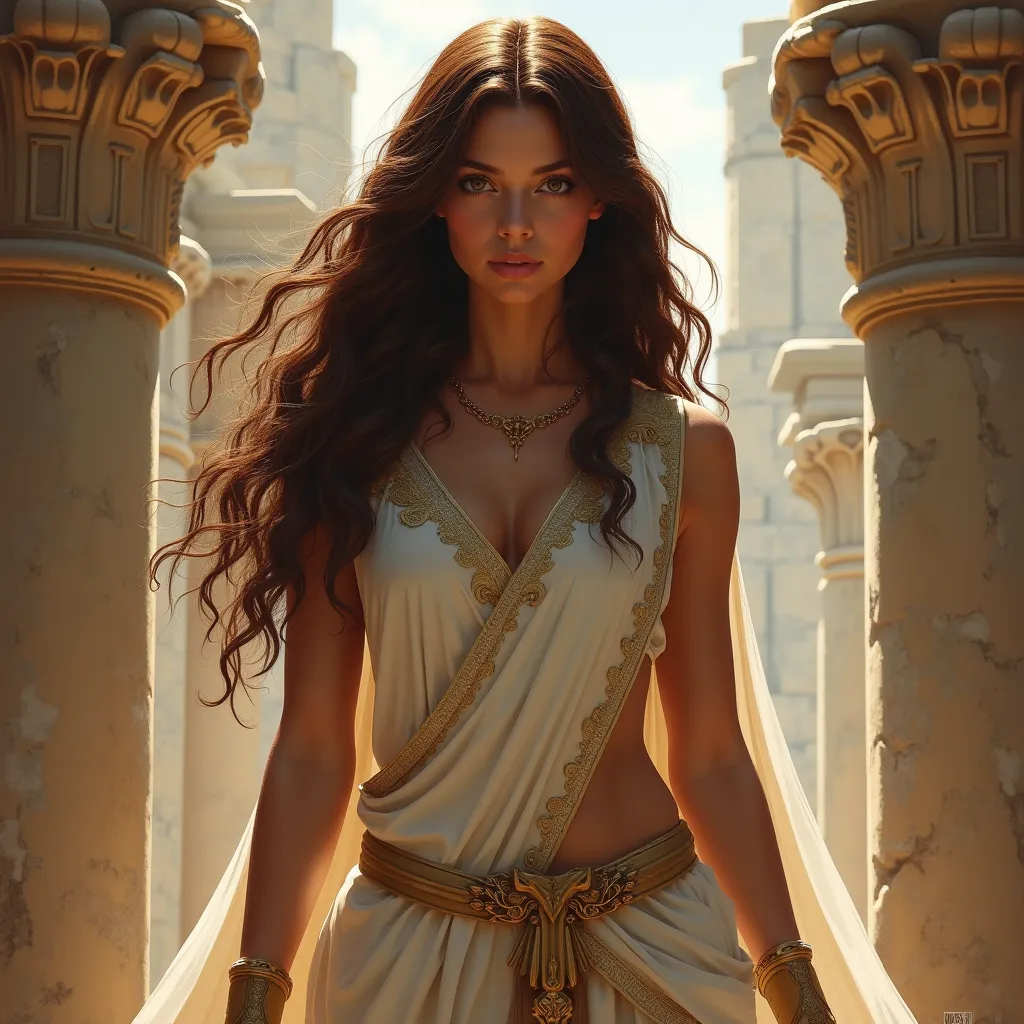 Generate image of the Greek Goddess Annabeth brunette with brown hair looking forward 