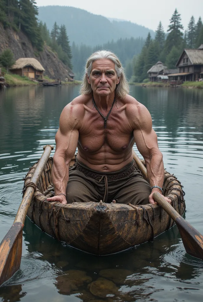 old muscled grandmother from a Viking village. she's on the lake in a boat