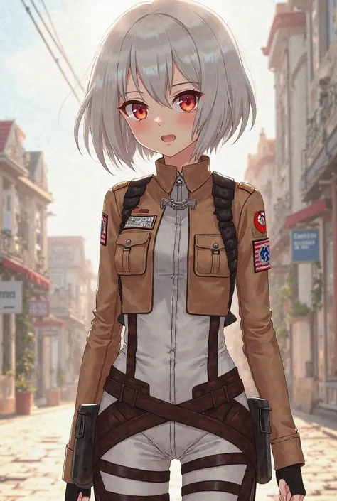 Create an anime character in the style of the anime Attack on Titan, Who wears an exploration body uniform and white hair, Who is a woman with short hair and Give her a lot of Attack on Tittan style but too much 
