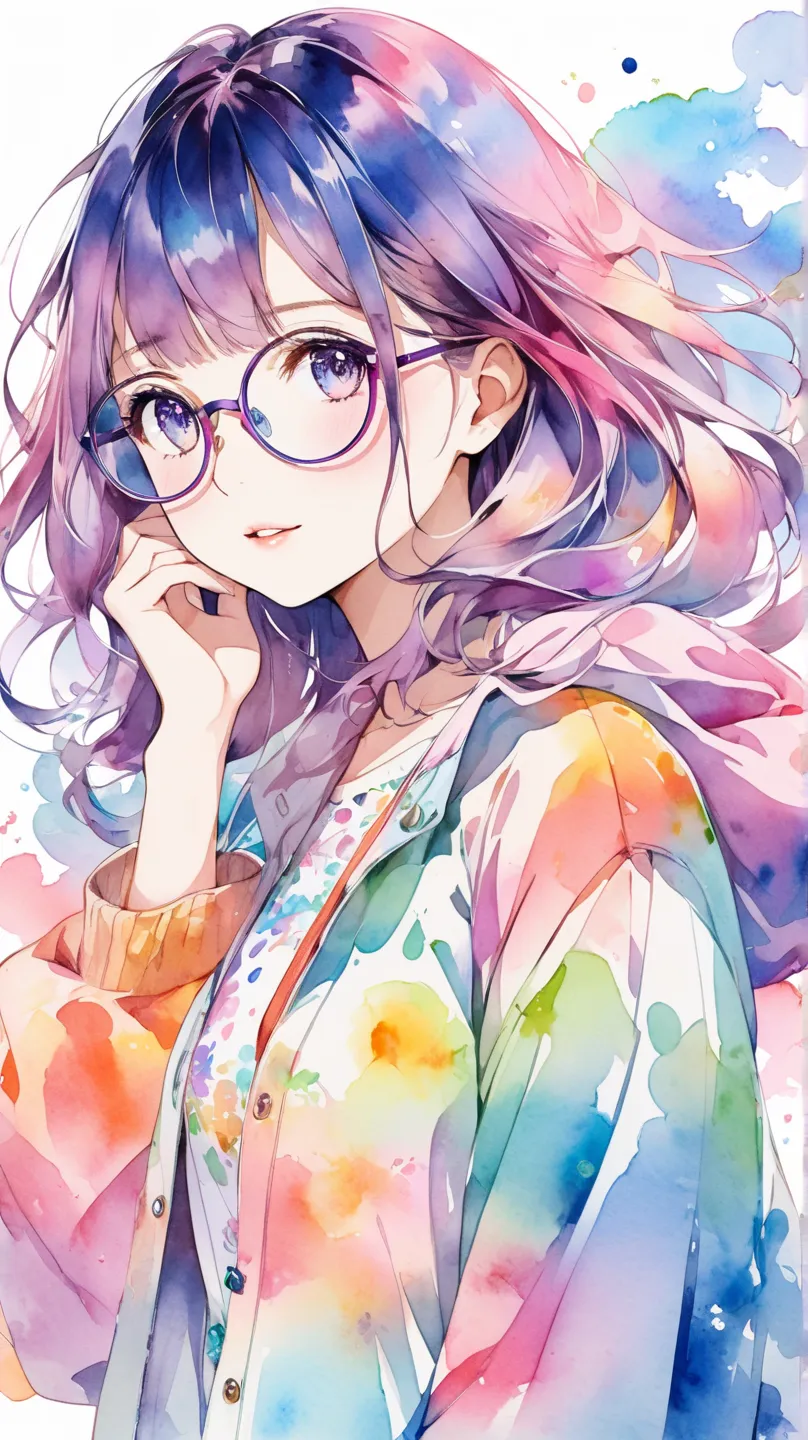 girls　Glasses　psychedelic　Transparency　dreamy watercolor.