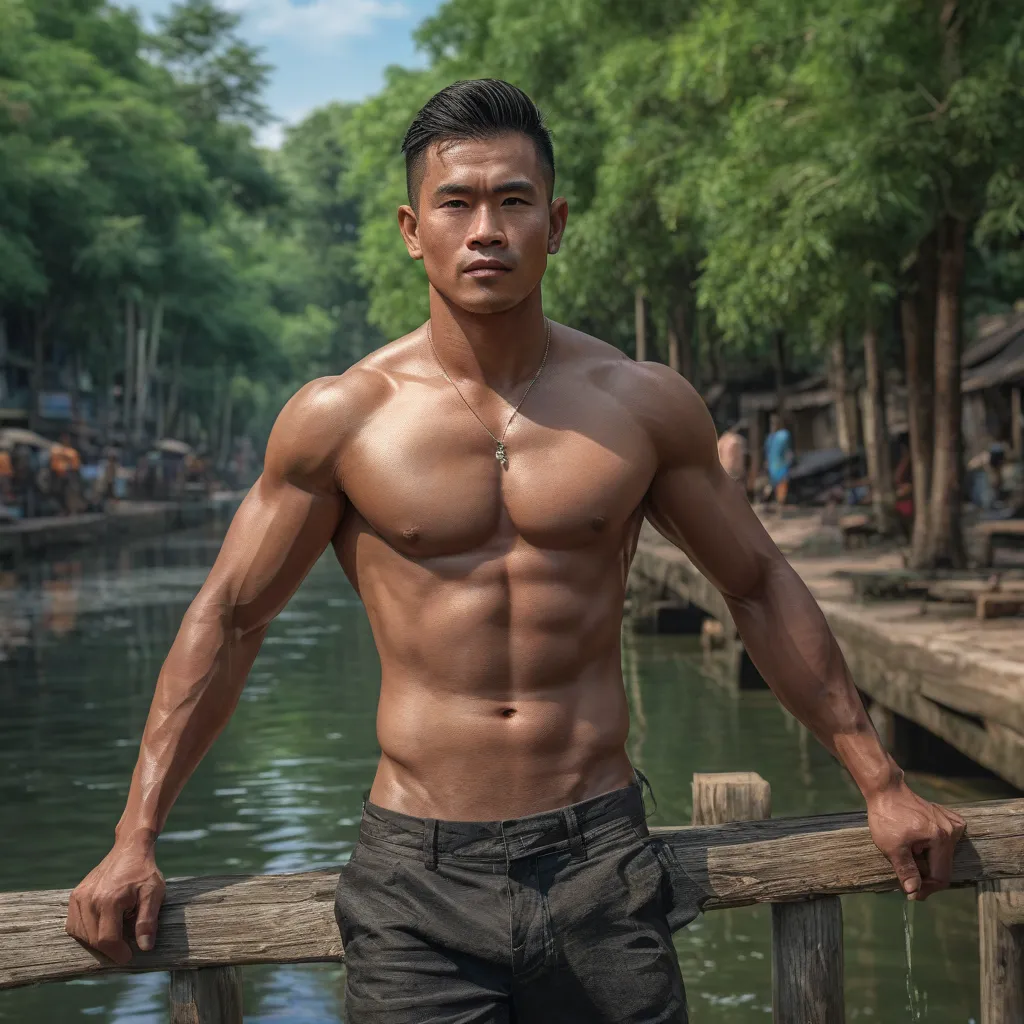 a muscular Cambodian male , body is diamond , shirtless, full body, Pine trees by the canal realistic, photorealistic, (best quality,4k,8k,highres,masterpiece:1.2),ultra-detailed,(realistic,photorealistic,photo-),HDR,UHD,studio lighting,ultra-fine painting...