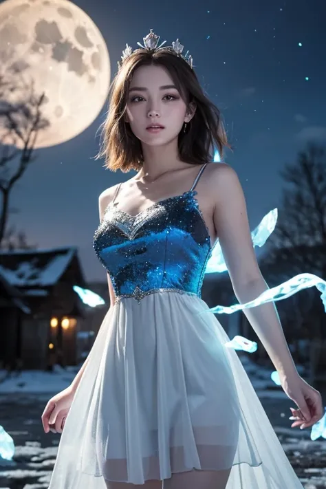   knight , (( 1 girl)), Alone, Masterpiece, 8k wallpaper,  high resolution,   Dumb , High quality backgrounds,  short hair while on a business trip,  black hair, Multicolored Hair, Beautiful frozen village, (Bright full moon),  Blue Dress,  detailed dress ...