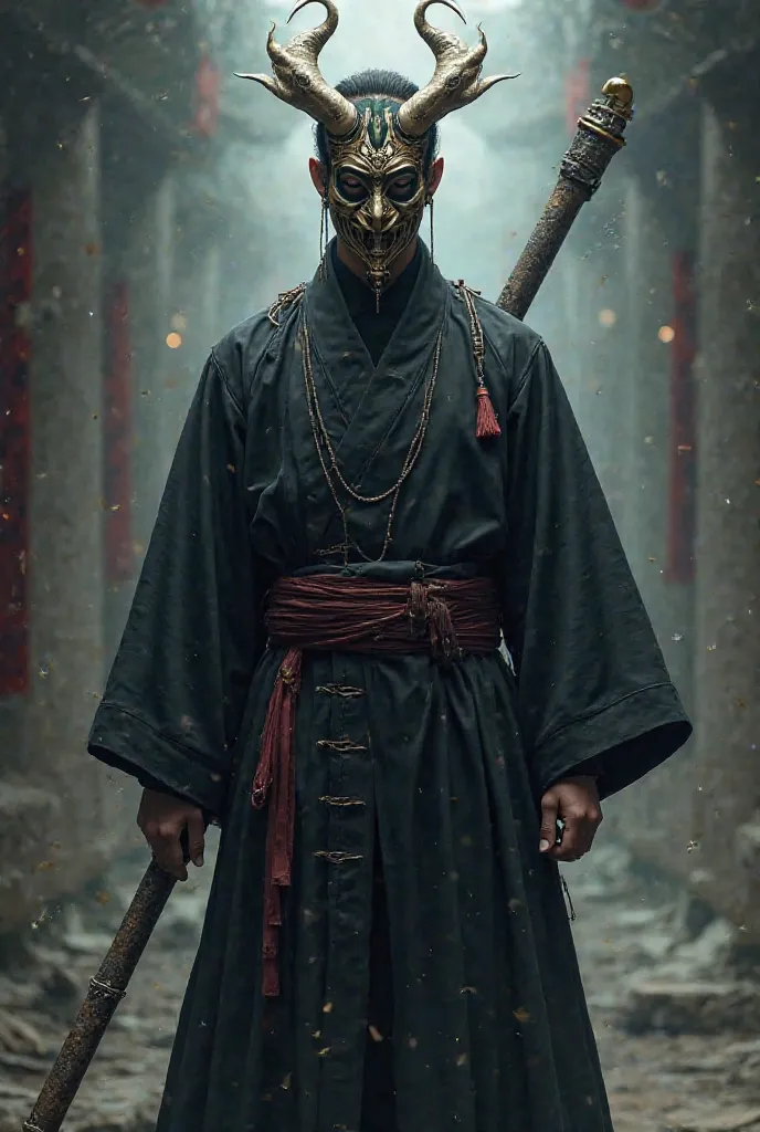 Generate a AI picture of a male wearing a Black Gi underneath a Black long sleeves shirt wearing a Time Breaker Mask and holding the Ruyi Jingu Bang staff.