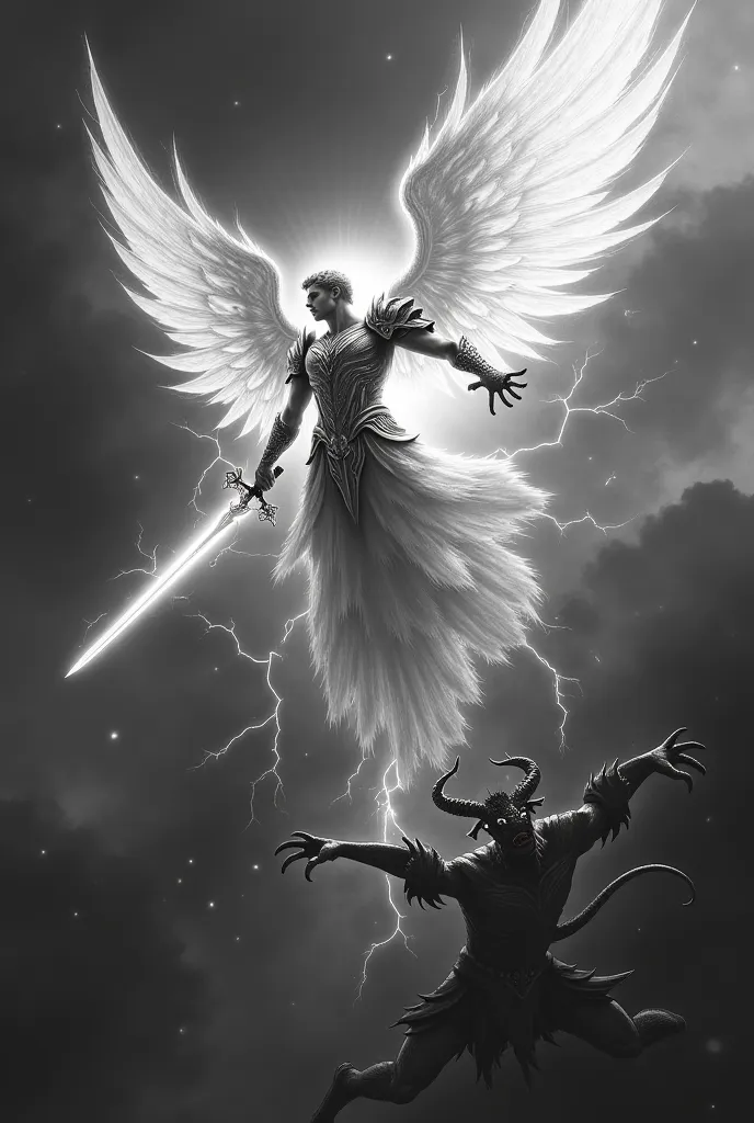 Archangel holding a sword, flying downwards fighting a devil in the sky, black and gray color