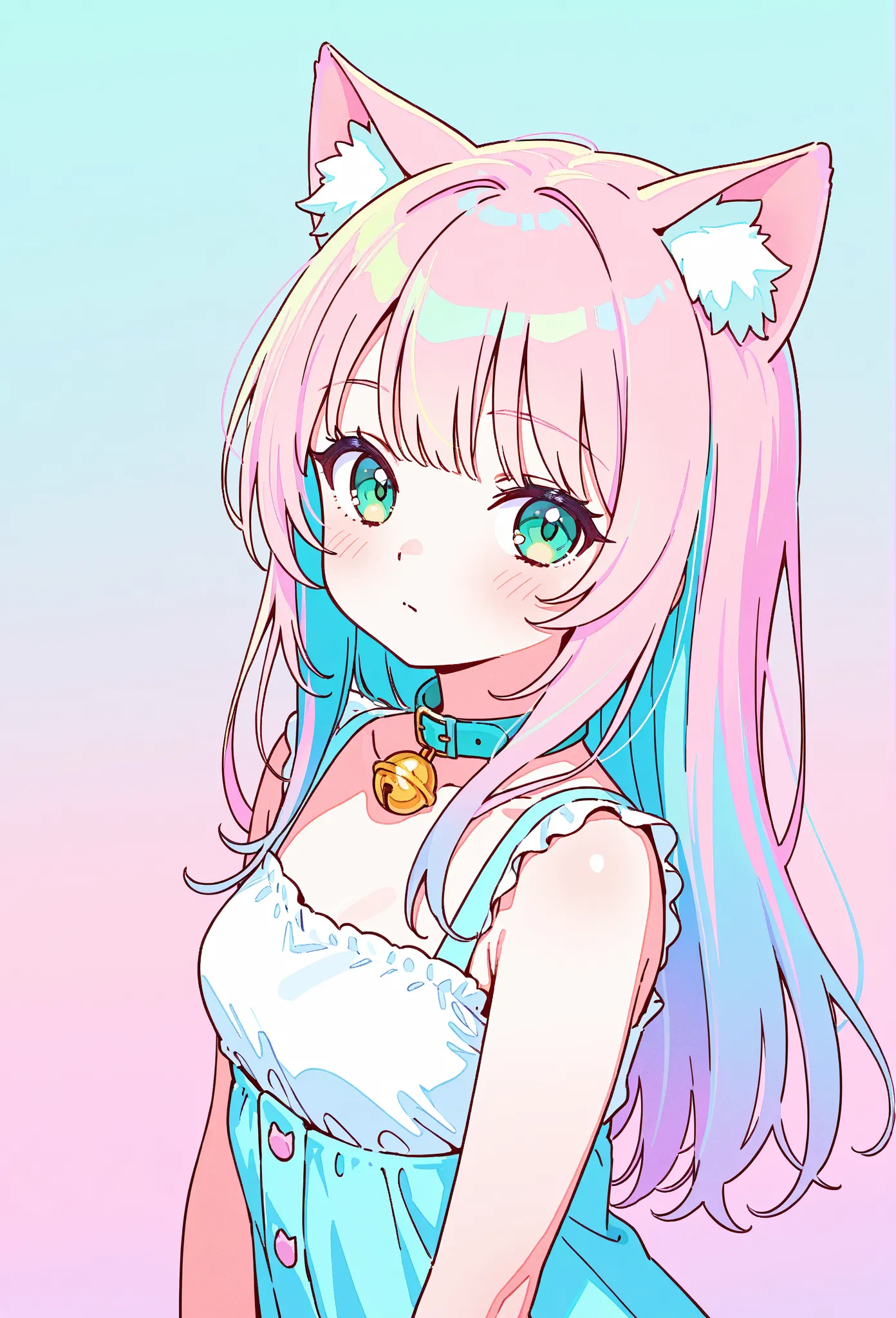 random hot and busty korean catgirl, cat ears, pastel color palette, no background, pastel background, colorful background, 