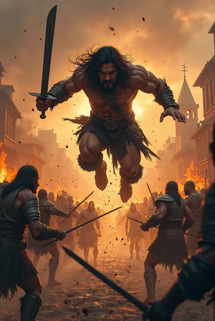 Create a real first-person image of Conan jumping on top of several barbarians fighting with swords and shields in the burning village and coming. The image must be realistic. 