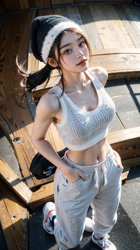 best quality,  masterpiece super high resolution 8k  ,((portrait of a person dancing hip-hop violently:1.4)), (realistic:1.6), ((blue eyes)),(( Shining Smile )), RAW photo,((realisticな美肌)),(( black knitted hat,white tank top and loose sweatpants,Nike Jorda...