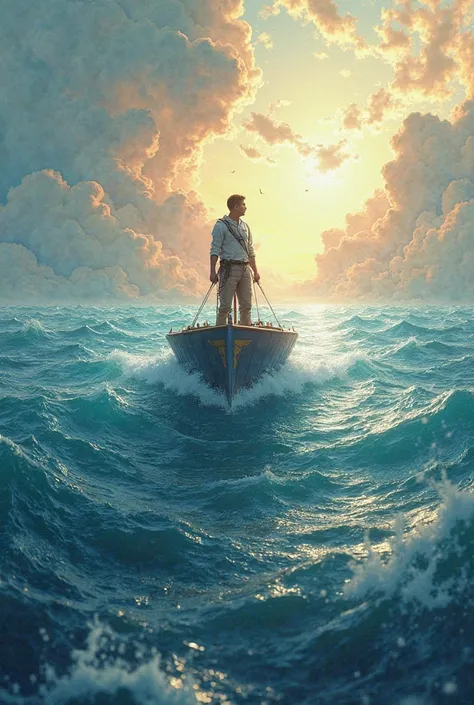 A picture of a person riding on a ship in the middle of the sea