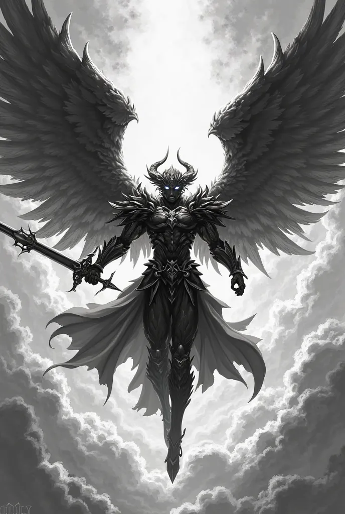 Archangel holding a sword flying downwards fighting a devil in the sky, black and gray color anime style