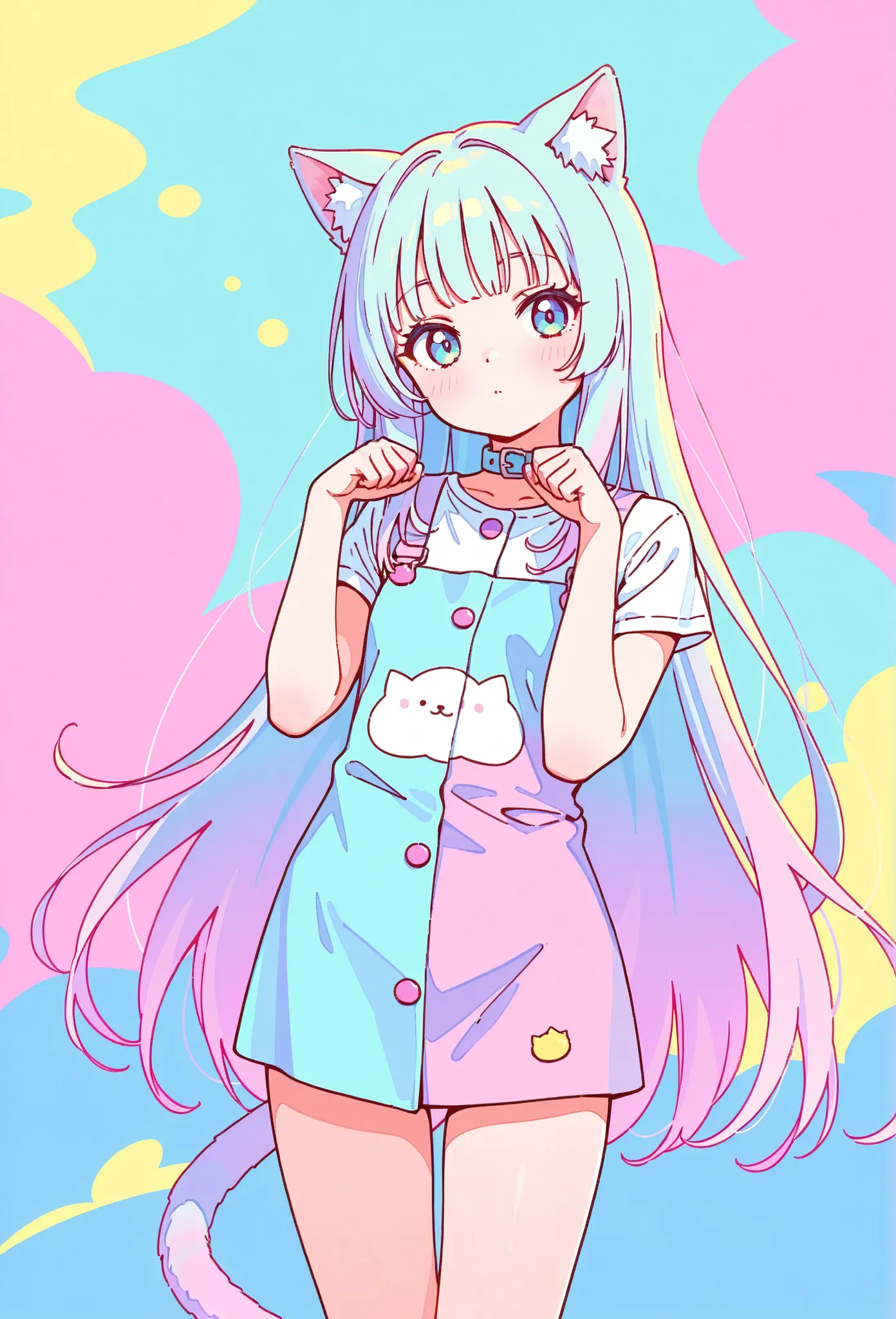 random hot and busty korean catgirl, cat ears, pastel color palette, no background, pastel background, colorful background, 