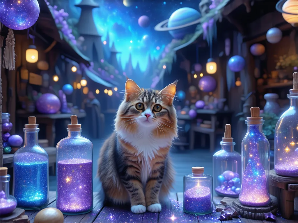  A whimsical space market where cats sell glowing stardust and magical artifacts . The cat、I'm sitting behind a celestial stall full of bottles of twinkling dust。, Miniature planets, and magical objects.   in the background 、There's a bustling space bazaar...