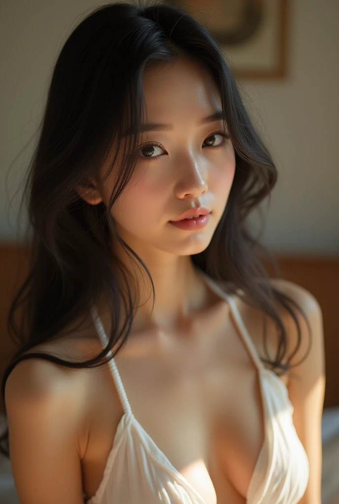  lightly dressed Japanese woman, shirtless young Japanese woman,Modest expression,Graceful posture,Softer Skin, delicate figure,long black hair,natural makeup,Elegant Atmosphere,Interior background,Warm Lighting,soft focus that got wet in,portrait,illustra...