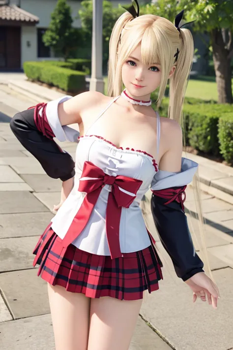 Marie rose, twin tails, blonde hair, best quality, shiromoku outfit, slight smile, shy face