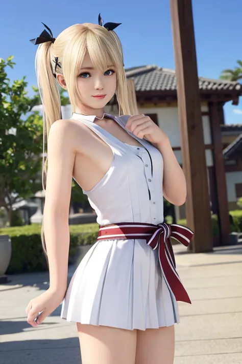 Marie rose, twin tails, blonde hair, best quality, shiromoku outfit, slight smile, shy face