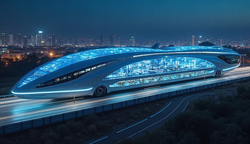 A massive, ultra-modern moving eco-city, as tall as a 20-story building and as long as four football fields, gliding through the highways at night. The entire vehicle is covered with advanced solar panels, which have stored energy throughout the day, allow...