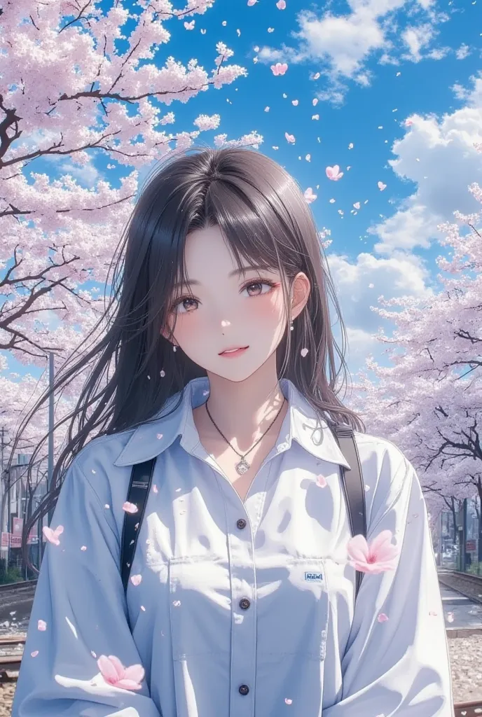 masterpiece, best quality, photorealistic, 1girl, stunning innocent symmetry face, white shirt, emotional, big breasts, (PureErosFace_V1:0.7), Cherry Blossom Road, railroad crossing, crossing her, full body shot, flying cherry blossom, brilliant backlight,...