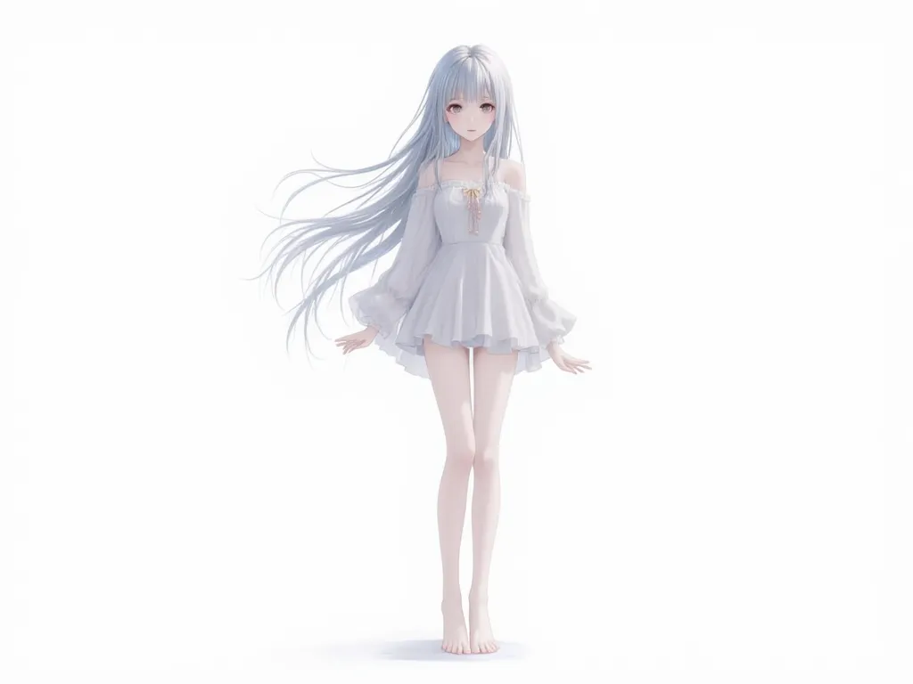 against a pure white background，A young anime girl with long flowing silver hair is standing on the ground，Her body hardly hangs at all，shows her well-developed figure