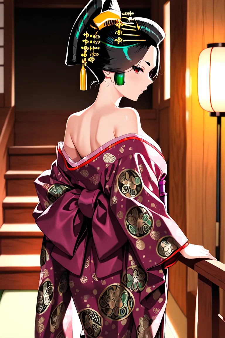 (masterpiece, best quality), oiran, turning back while ascending stairs, looking at viewer, over-the-shoulder view, traditional japanese inn, elegant posture, warm lighting