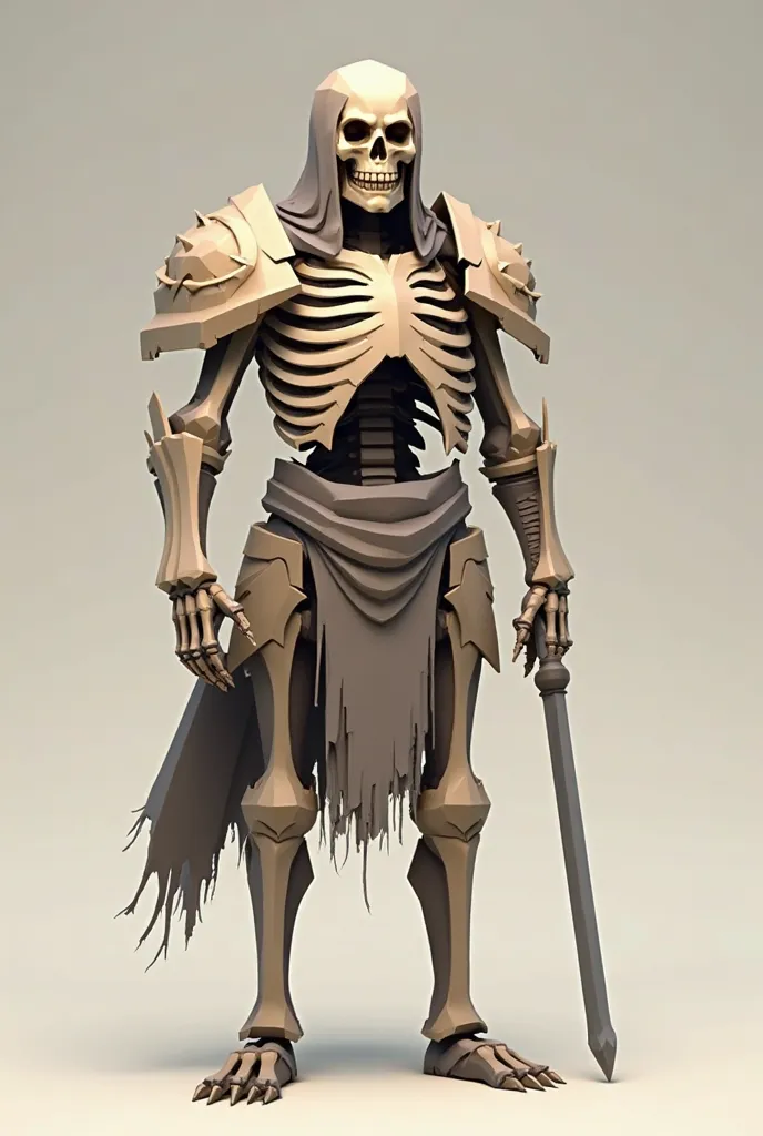 Create a highly stylized polygonal low-poly character concept. The character is a skeleton warrior, displayed in two views: front and side. The design features detailed geometric shapes, with layered bone armor and a tattered cloth skirt. The character has...