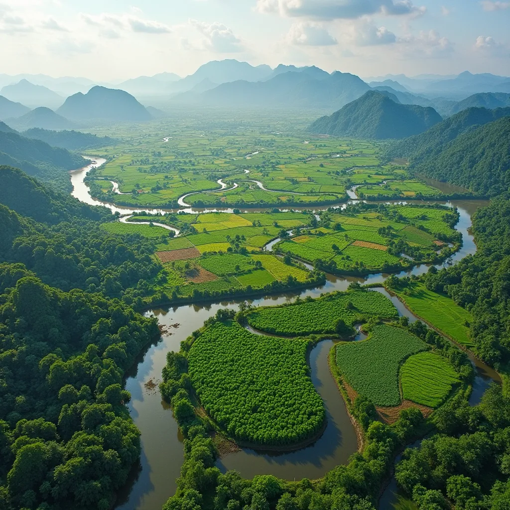 A breathtaking 8K aerial shot of Tân Quy Islet, where a lush green landscape is divided by winding river channels. The vibrant fruit orchards stretch far and wide, embraced by the gentle curves of the Mekong River