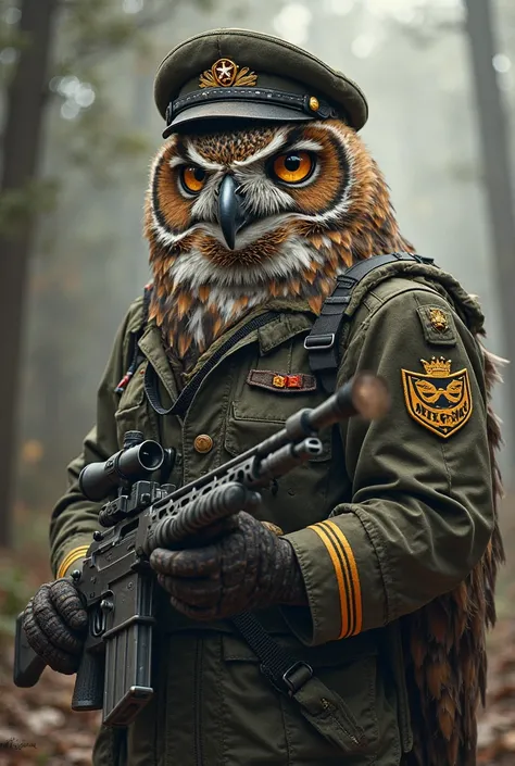 Let it be an owl with a military cap and a gun in front of my wing