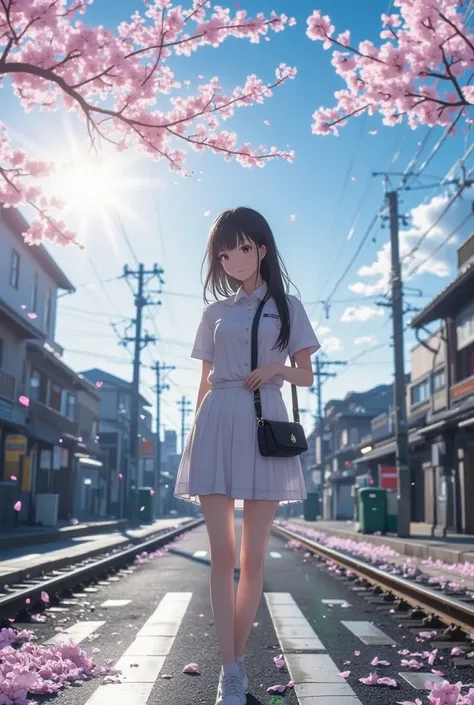 masterpiece, best quality, photorealistic, 1girl, stunning innocent symmetry face, white shirt, emotional, big breasts, (PureErosFace_V1:0.7), Cherry Blossom Road, railroad crossing, crossing her, full body shot, flying cherry blossom, brilliant backlight,...