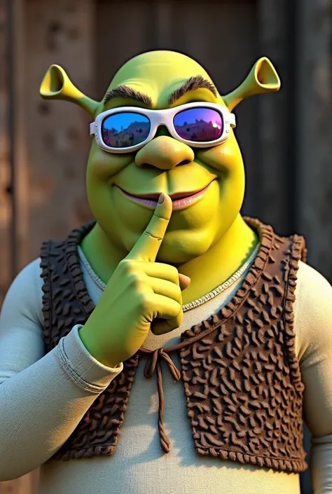 The image shows Shrek in a realistic and detailed 3D style. His skin is a vibrant green with a soft texture but with visible details, such as small pores and natural marks. His face has a relaxed and confident expression,  with slightly pursed lips .

He w...